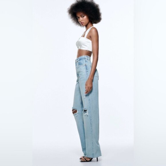 Zara Blue Flare Wide Leg Jeans with Distressed Details - Picture 8 of 11